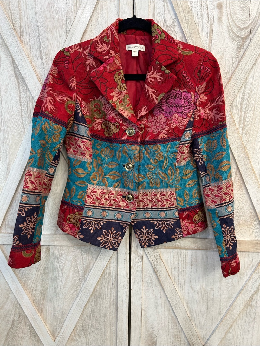 Coldwater Creek Red & Turquoise Floral Patchwork Brocade Blazer